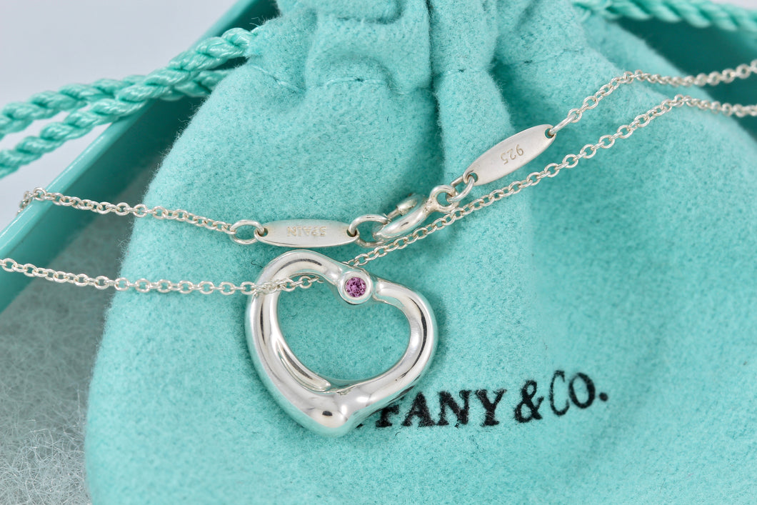 Tiffany & Co. Elsa Peretti Silver Pink Sapphire Small Open Heart Necklace