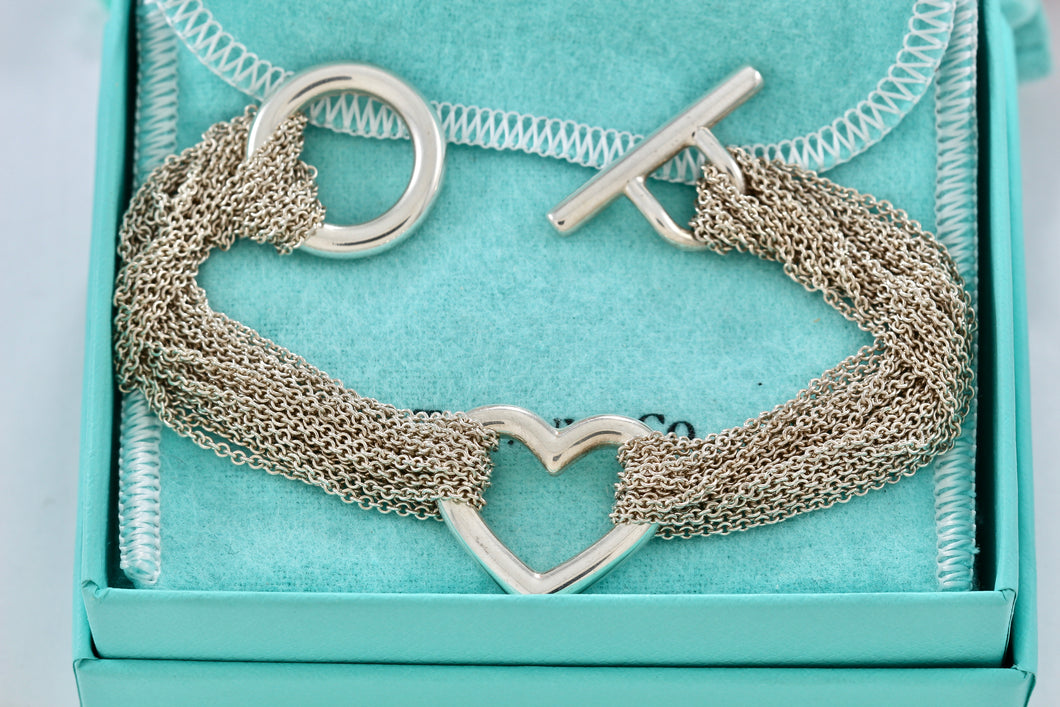 Tiffany & Co. Silver Multi Strand Toggle Open Heart Mesh Bracelet