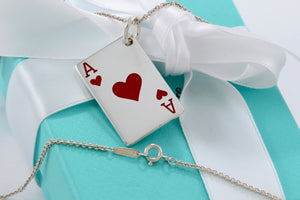 Tiffany & Co. Mens Silver Red Enamel Ace of Hearts Poker Card Necklace