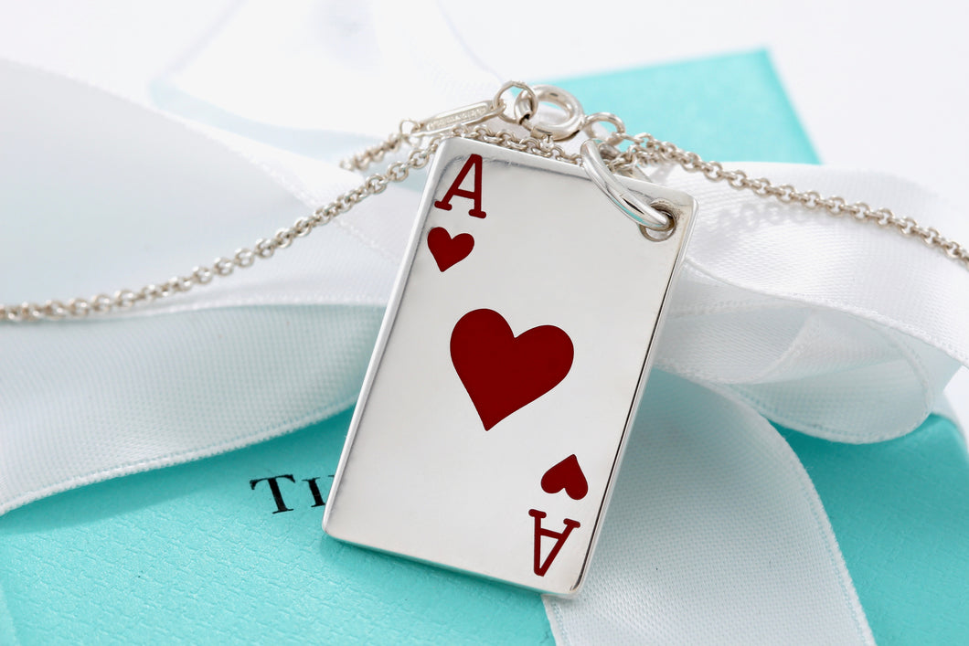 Tiffany & Co. Mens Silver Red Enamel Ace of Hearts Poker Card Necklace