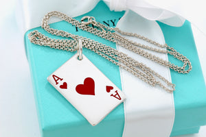 Tiffany & Co. Mens Silver Red Enamel Ace of Hearts Poker Card Necklace