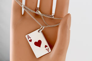 Tiffany & Co. Mens Silver Red Enamel Ace of Hearts Poker Card Necklace