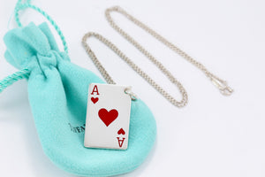 Tiffany & Co. Mens Silver Red Enamel Ace of Hearts Poker Card Necklace