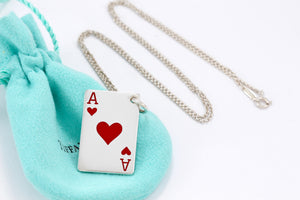 Tiffany & Co. Mens Silver Red Enamel Ace of Hearts Poker Card Necklace