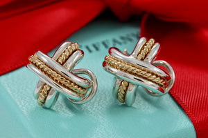 Tiffany & Co. Gold Rope Silver Signature ''X'' Clip-on Earrings