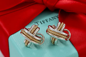 Tiffany & Co. Gold Rope Silver Signature ''X'' Clip-on Earrings