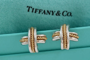 Tiffany & Co. Gold Rope Silver Signature ''X'' Clip-on Earrings