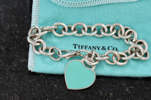 Return To Tiffany & Co. Silver Blue Enamel Heart Charm Bracelet 10mm