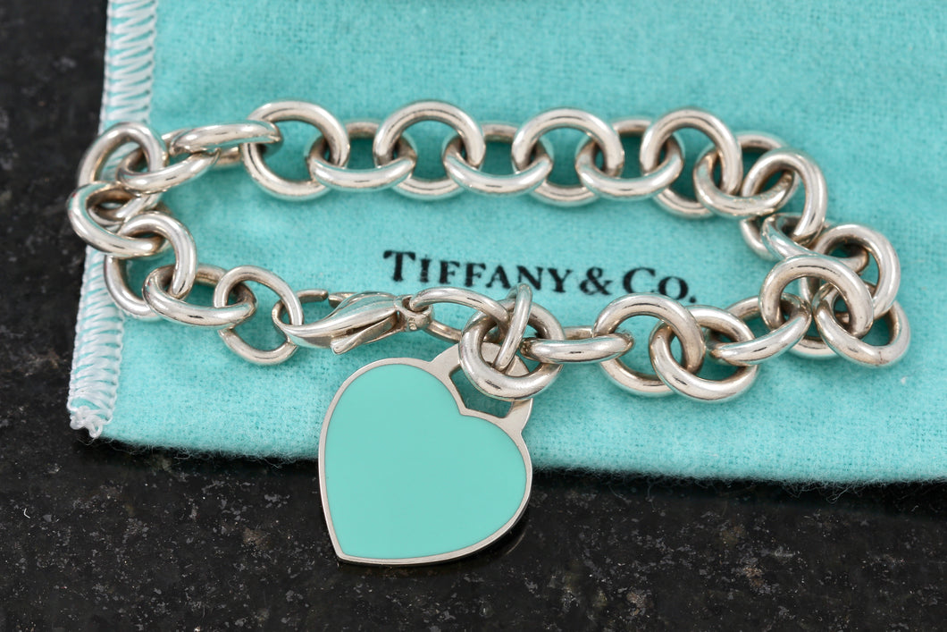 Return To Tiffany & Co. Silver Blue Enamel Heart Charm Bracelet 10mm