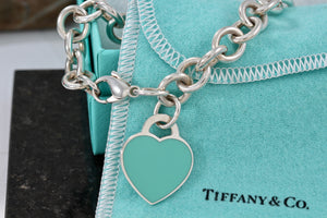 Return To Tiffany & Co. Silver Blue Enamel Heart Charm Bracelet 10mm