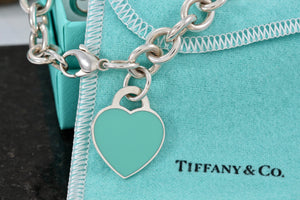 Return To Tiffany & Co. Silver Blue Enamel Heart Charm Bracelet 10mm