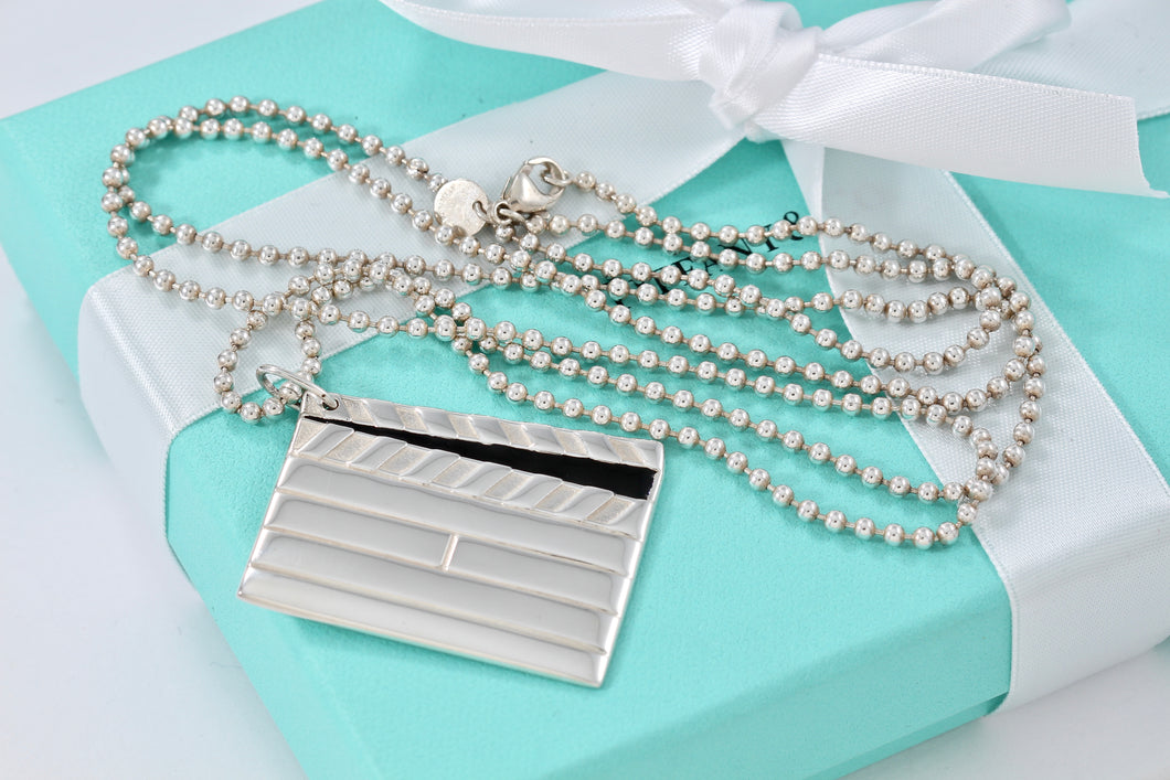 Tiffany & Co. Silver Black Enamel Hollywood Directors Clapping Board Bead Chain Necklace