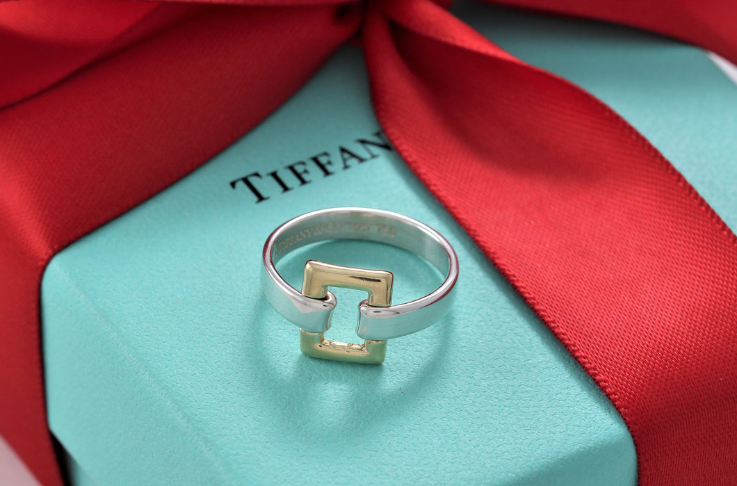 Tiffany & Co. 18K Gold & Silver Rectangle Buckle Ring
