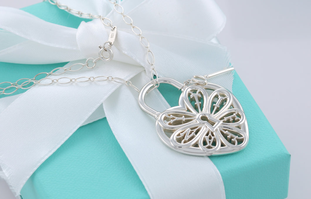 Tiffany & Co. Silver Extra Large Filigree Heart & Mini Key Pendant Necklace